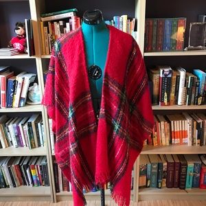 Vintage red plaid blanket poncho cape